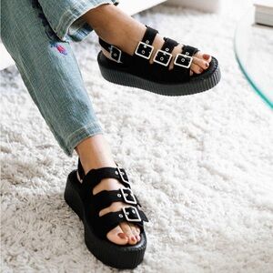 *LIKE NEW* TUK | Black Faux Suede 3-Buckle Mondo Sandal